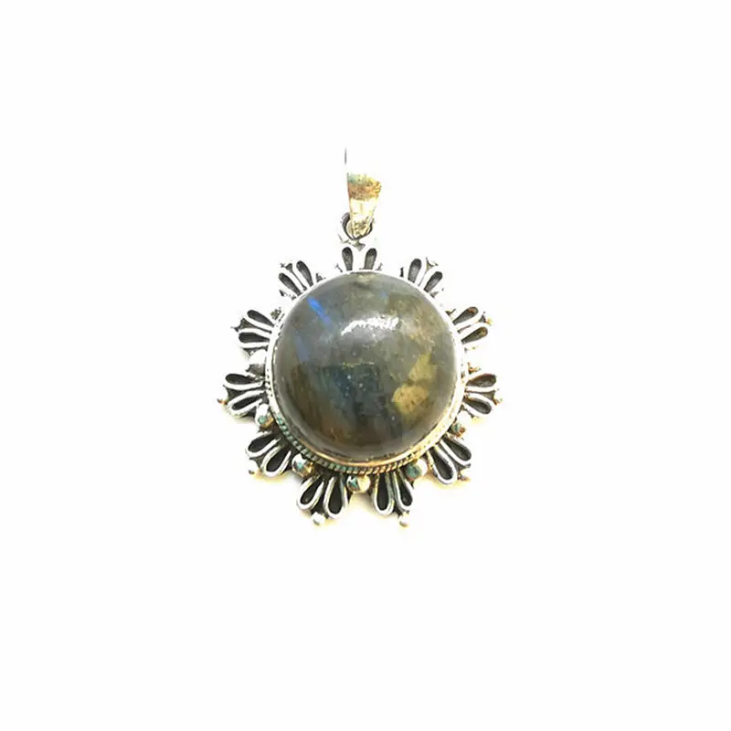 Nepal Hand 925 Silver Jewelry Inlaid Natural Round Labradorite Vintage Pendants for Lady T9035