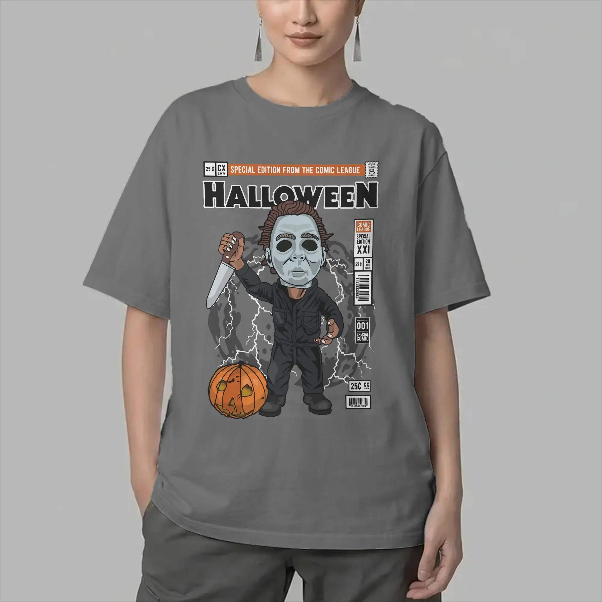 Men Halloween M-Myers T Shirt Horror Movie Character Pure Cotton Clothing Novelty Short Sleeve Round Neck Tees 4XL 5XL T-Shirts