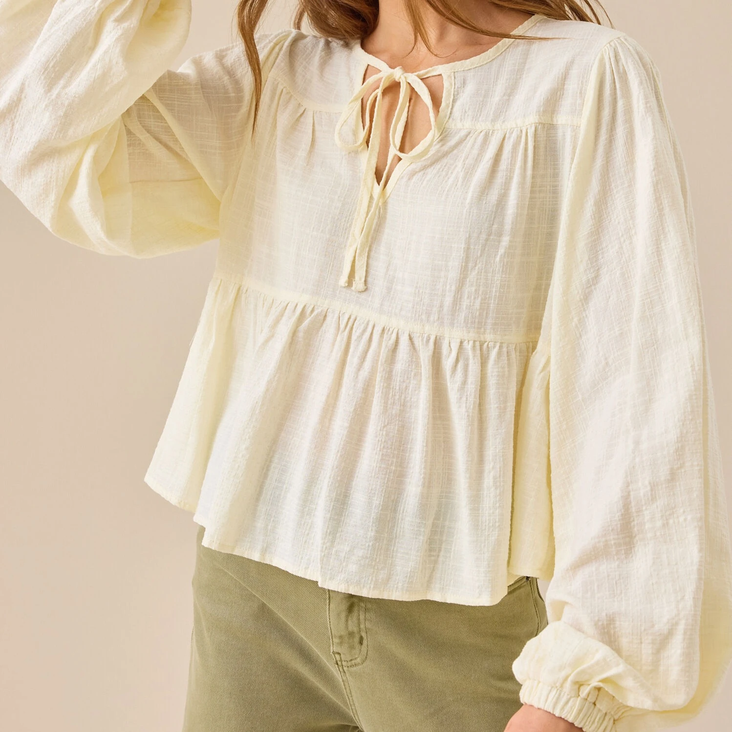 

Elegant Soild Blouse Women's V Neck Fall Tops Fashionable Solid Color Tie Up Round Neck Long Sleeve Loose Fit Ruffle Shirts