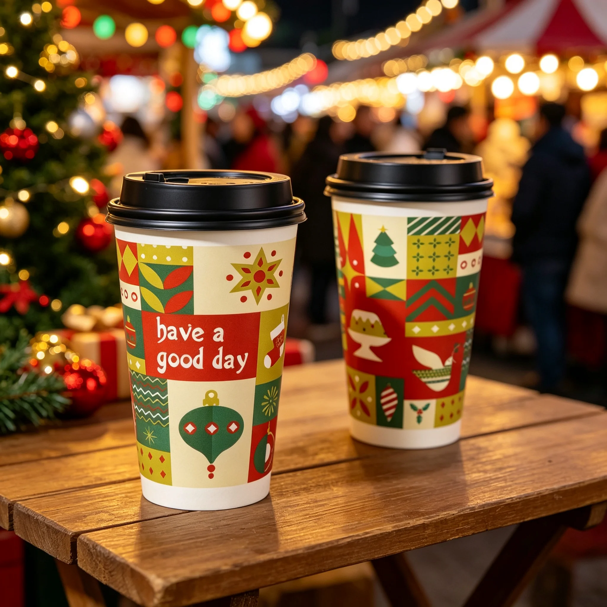 50Pcs16/22A Disposable Paper Cups, Double‑Wall Hollow Hot Coffee Cups, Festive Pattern Paper Cup for Holiday Party Cafe Takeaway view 3
