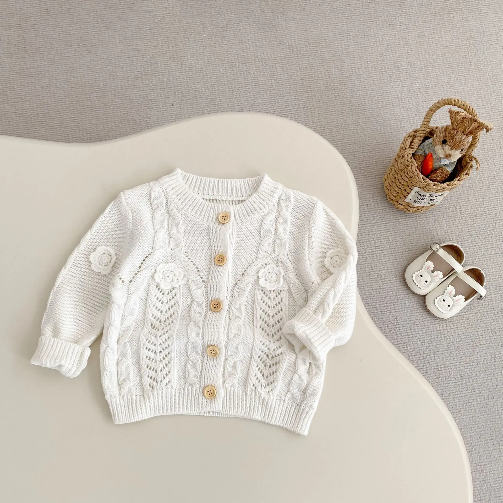 Toddler Girls Flower Sweater Coat Solid Infant Casual Jacket Kids Clothes 2025 Autumn New Children Long Sleeve Knitted Cardigan