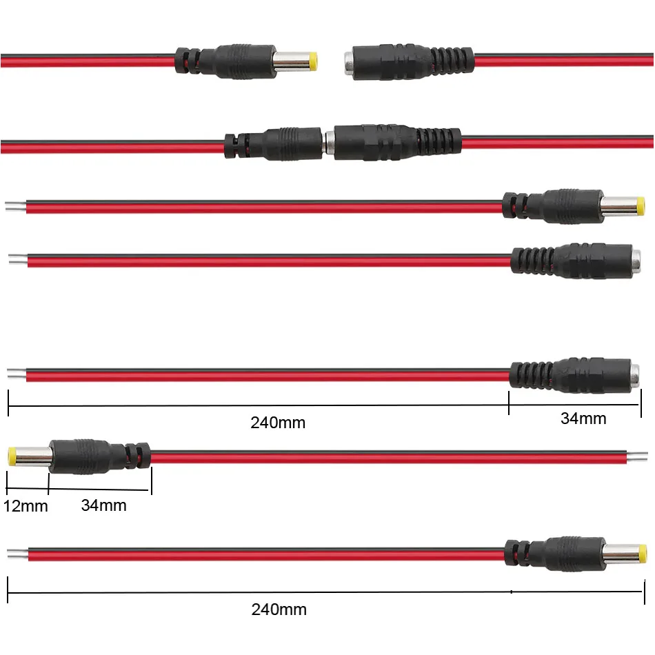 DC12V connectors 5.5 x 2.1mm DC Power Pigtail Cable Male Female Connector for CCTV Security Camera Power Adapter Length 24CM