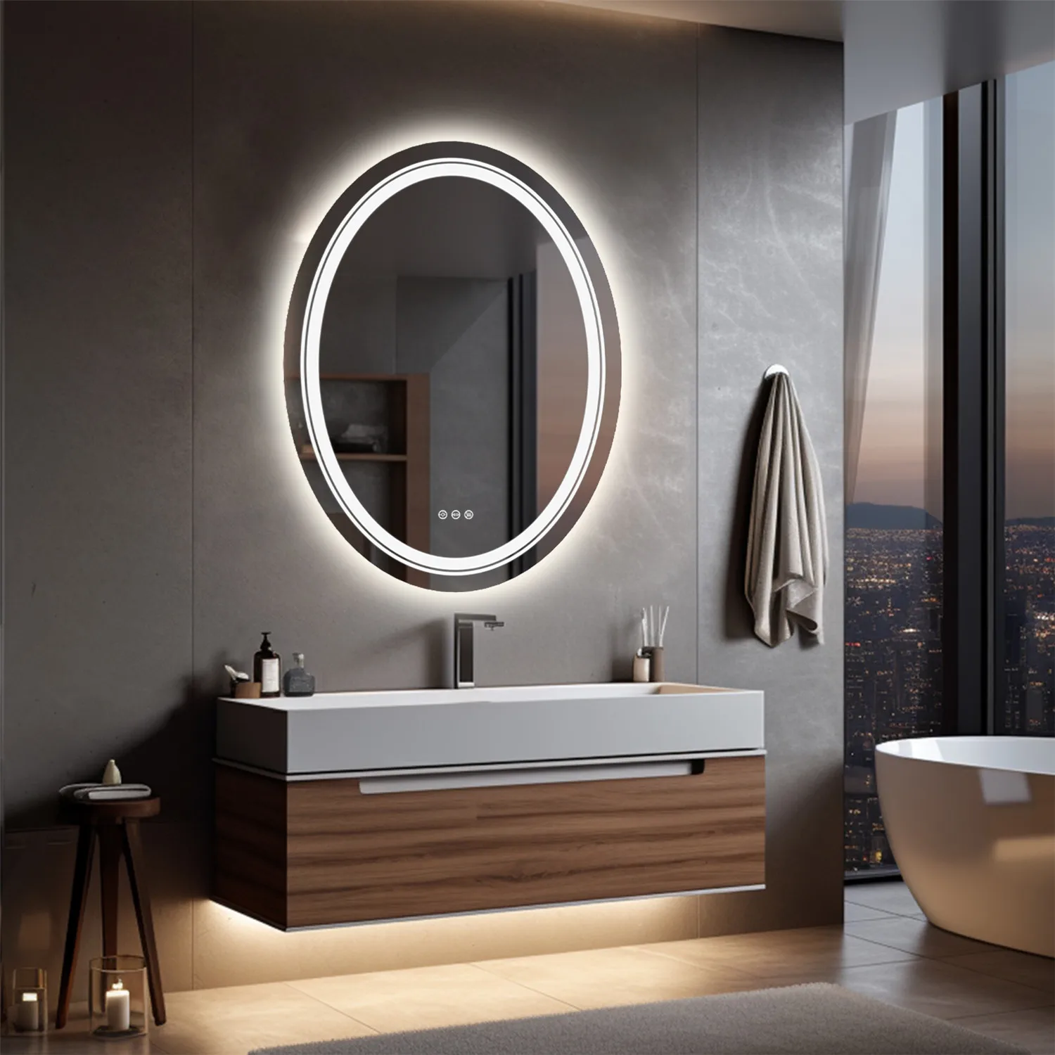 Oval LED Bathroom Mirror Dimmable Light Wall Mounted Makeup Mirror with Demist Illuminated Vanity Mirror