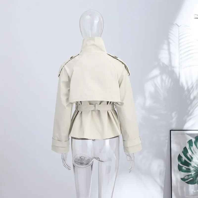 Frühlings-Damen-Trenchcoat mit Schnürung, Stehkragen, Doppelreihiger Knopfverschluss, Stilvolle Neue Damen-Jacke mit Langen Ärmeln, Streetwear-Oberbekleidung – Detail 9