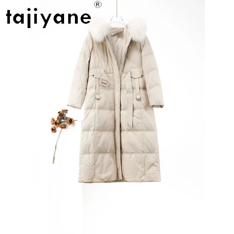 TAJIYANE Fox Fur Collar Leather Down Coat Genuine Sheepskin Leather Jacket Mid Length Waist Cinched Puffer Jacket Woman White 자켓