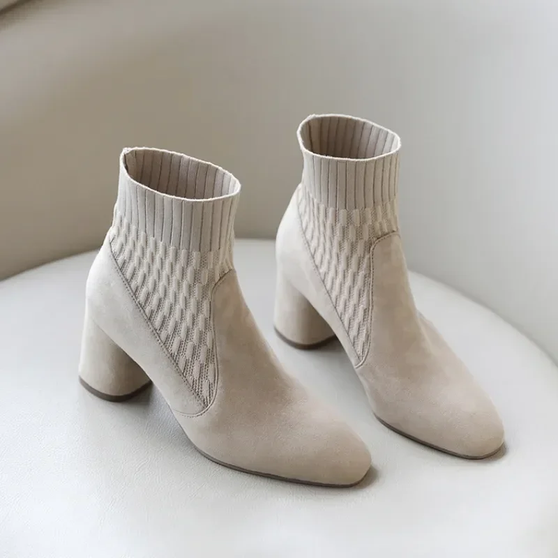 

2026new Pointed Ankle Boots Winter Women Casual Chelsea Boots Women Medium Heel Knitted Sock Boots Women Faux Suede Female Heels