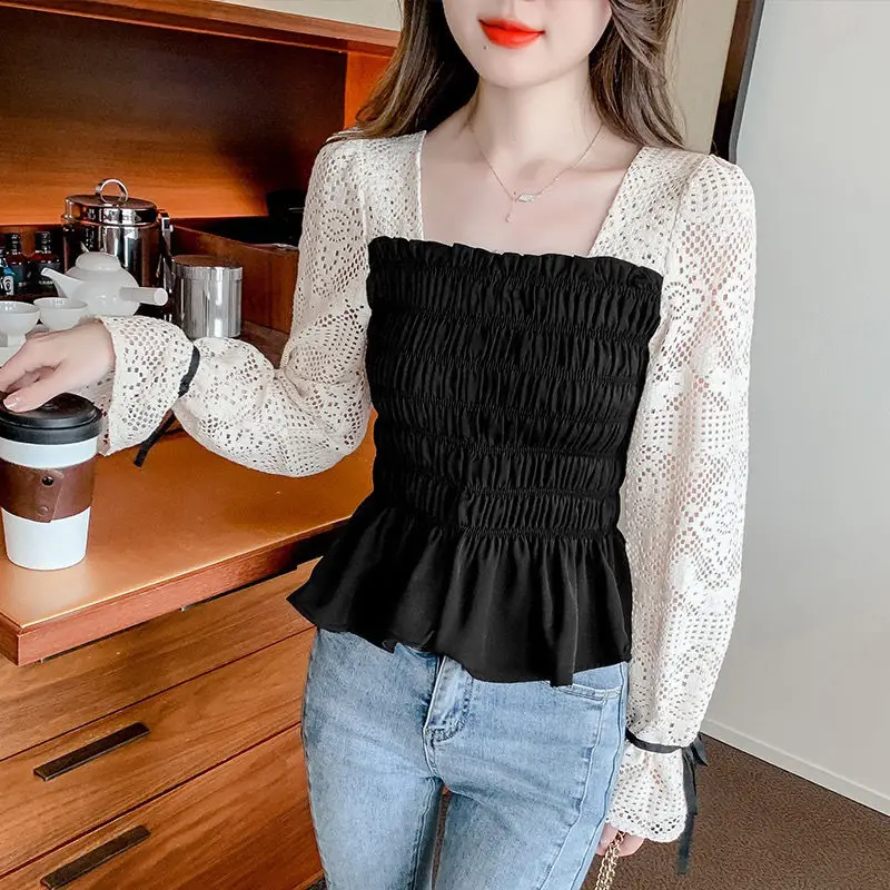 

Square Collar New Retro Square Collar Lace Embroidery Stitching Pleated Waist Slimming Long-sleeved Shirt for Women
