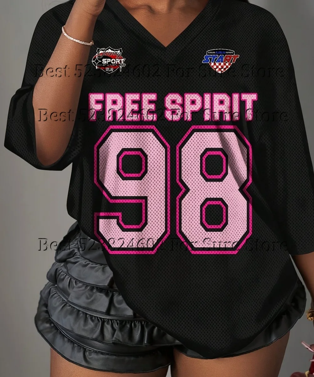 Women's Y2K Flame Print Mesh Football Tshirt Jersey Plus Size V Neck Color Block Streetwear Vintage Breathable Summer T Shirt