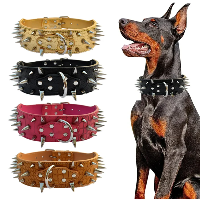 New Heavy and Duty Pet Collar Comforable Widen Dog Collar for Extra Large Dogs Prevent Bite Sharp Spiked Leather Dog Collar