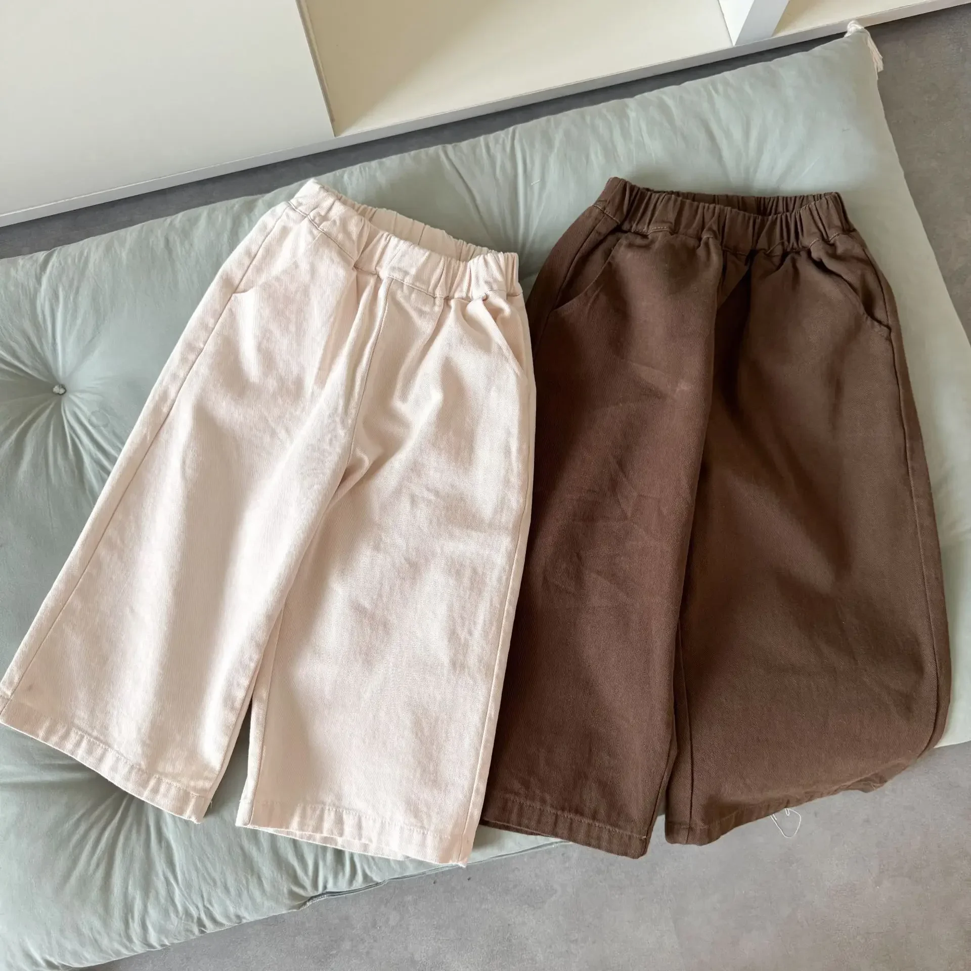 

Spring Autumn Kids Solid Color Loose Wide-Leg Jeans Elastic Waist Mid Rise Korean Fashion Pants for 2-10Y Children