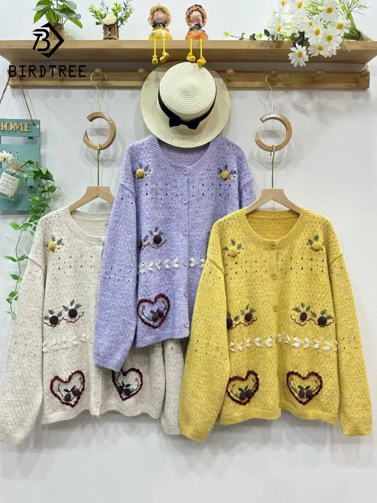 

New 2025 Winter Cotton Blending Sweater, Women O Neck Embroidery Hollow-out, Mori Girl Preppy Style Loose Knit Cardigan C5D320CC