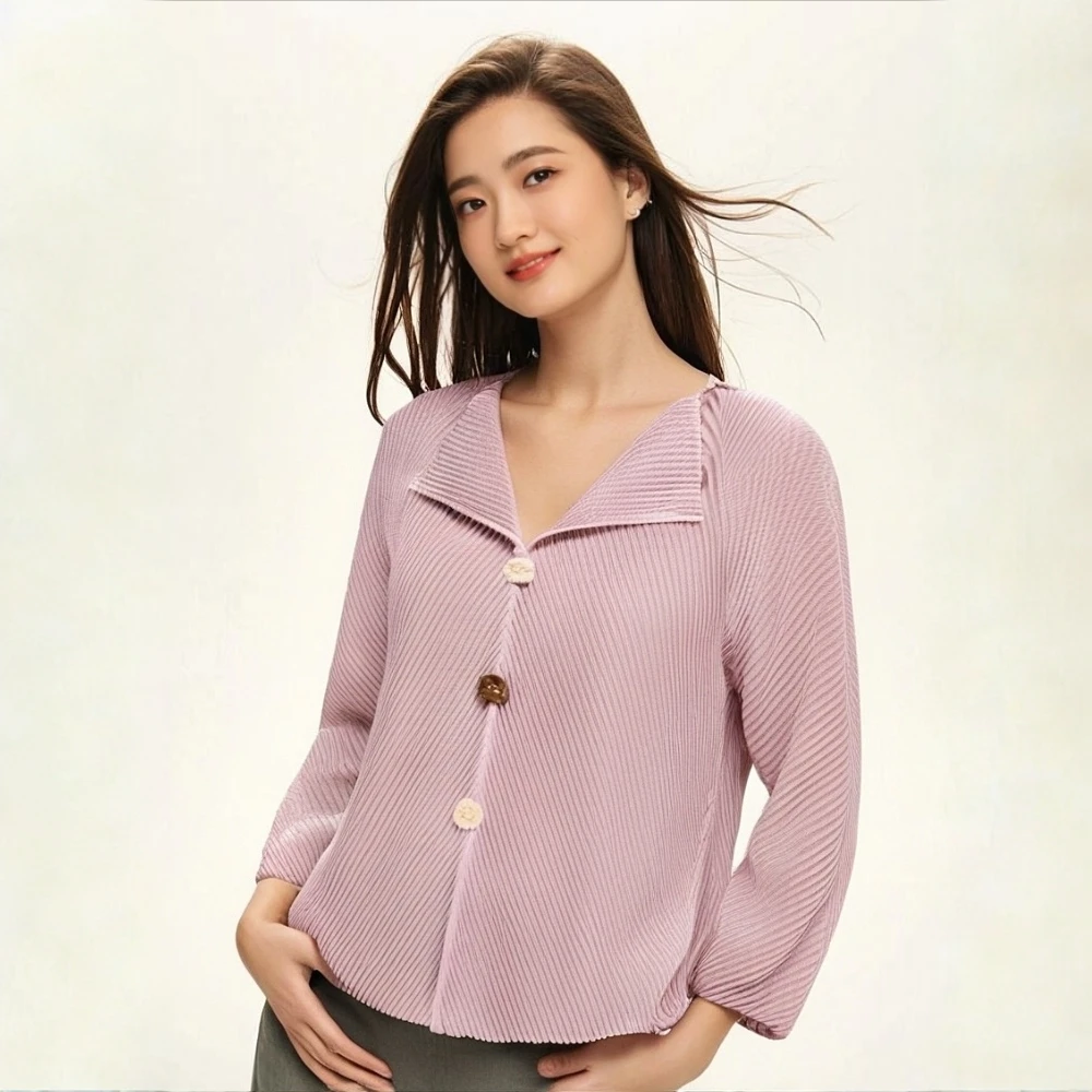 

Miyake Pleated T-shirt Women's Top 2025 Spring and Autumn Season V-neck Loose and Elegant Niche Short Sleeved T-shirt Women