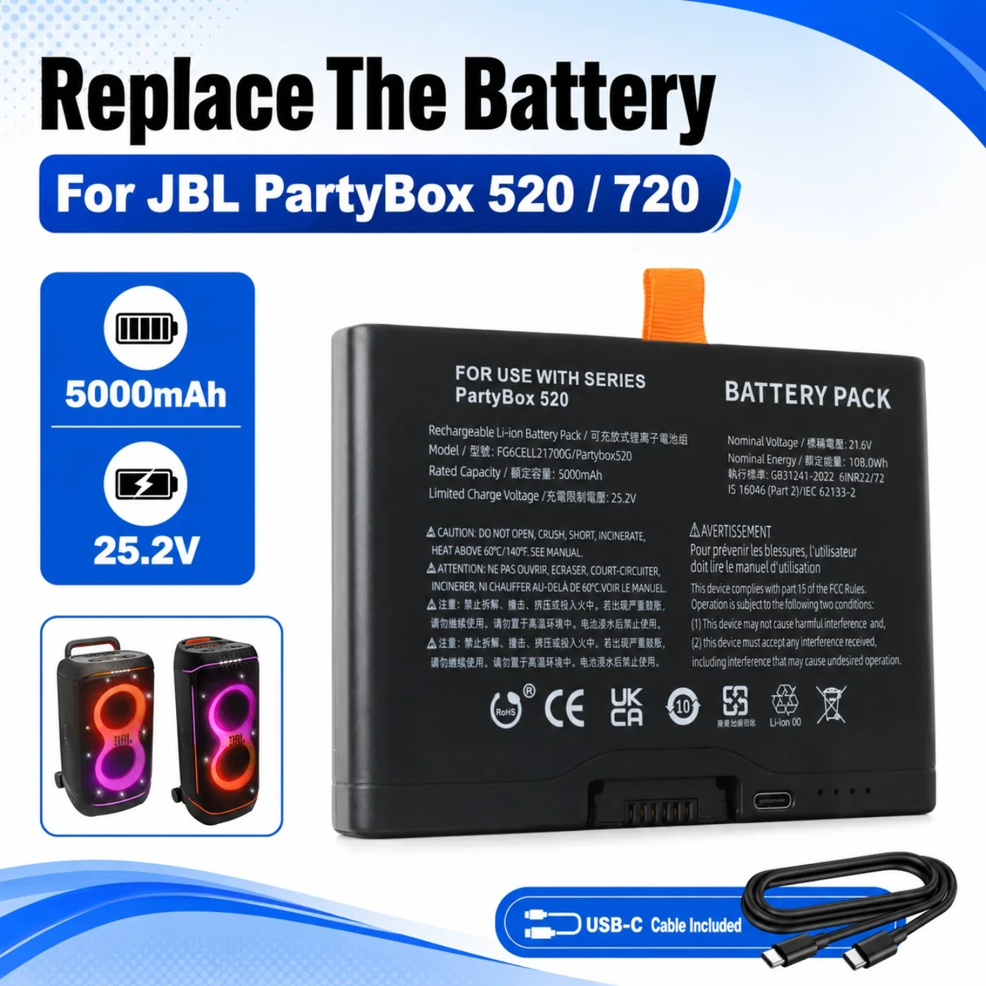 5000mAh 21.6V FG6CELL21700G Replacement Battery For JBL Partybox520 Partybox720 Boombox4 Bluetooth Speaker AI Sound Boost