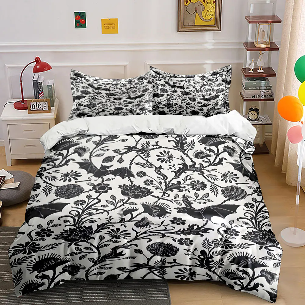 Black bats and floral intertwined Pattern Duvet Cover Set Digital Print Colorful Polyester Bedding with Zipper Closur for gifts