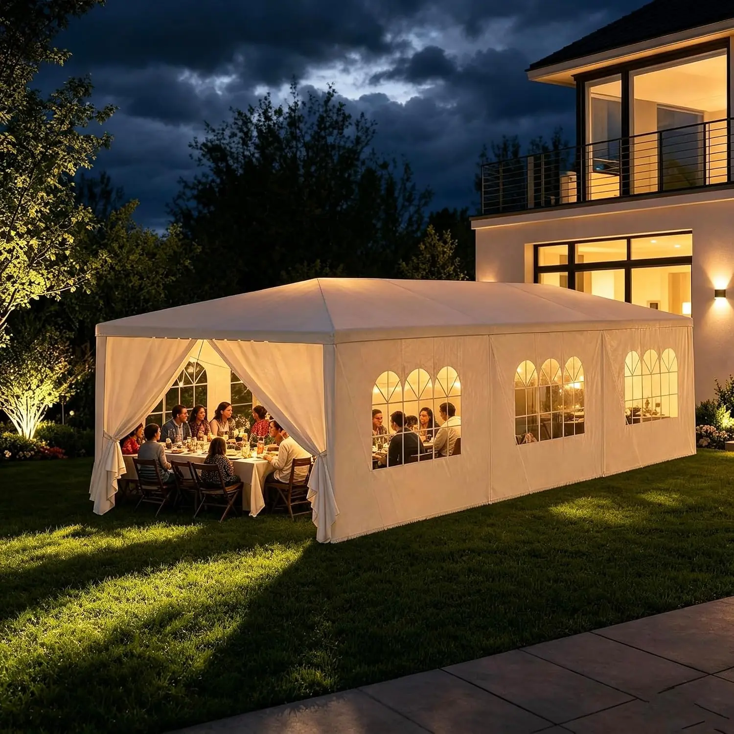 10'x30' White Party Canopy Shelter Tent, Outdoor Tent Equipped with 8 Removable Sidewalls & Transparent Windows, Customized