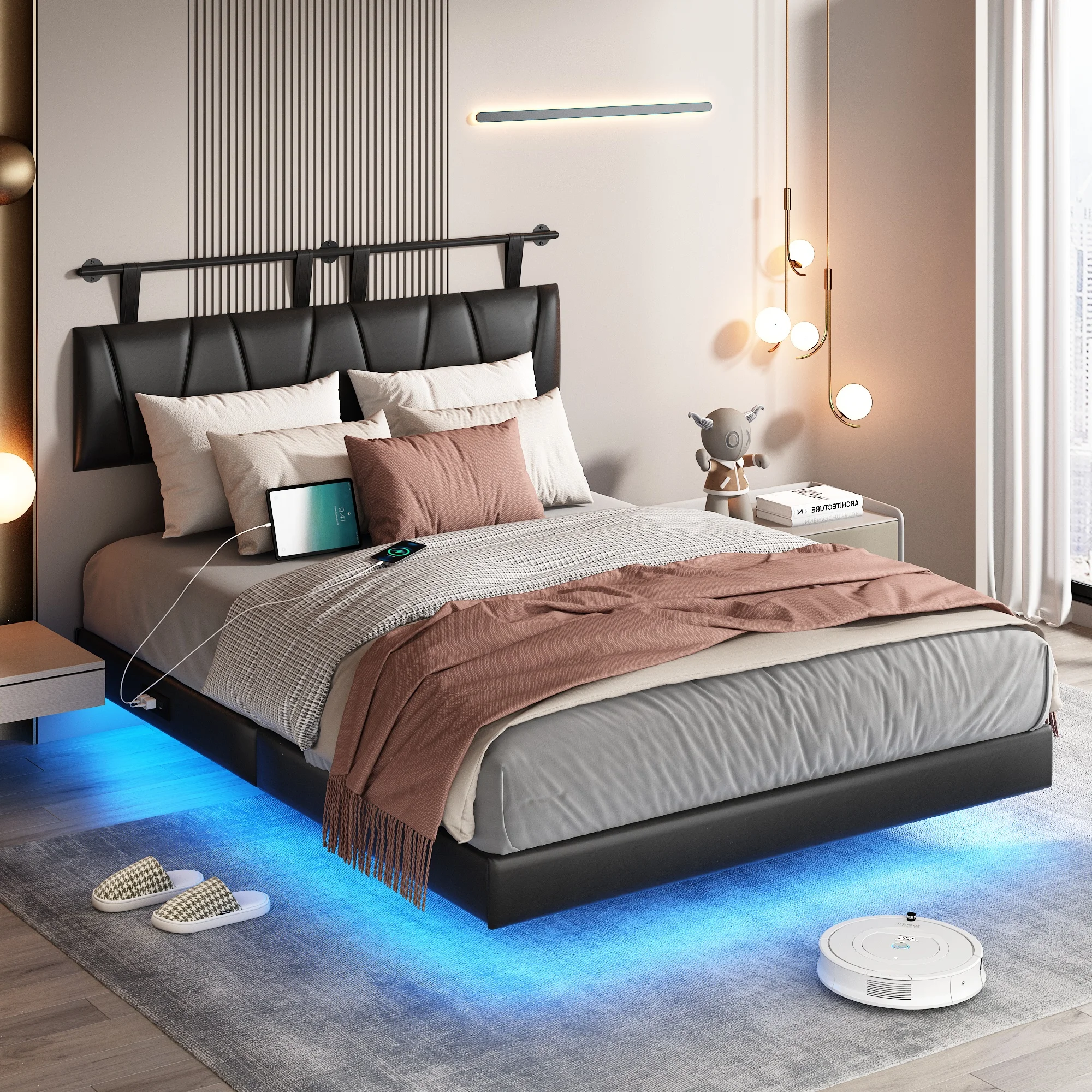 Floating Queen/King Bed Frame with LED Lights & Charging Station, Modern Faux Leather Platform Bed Frame w/Upholstered Headboard