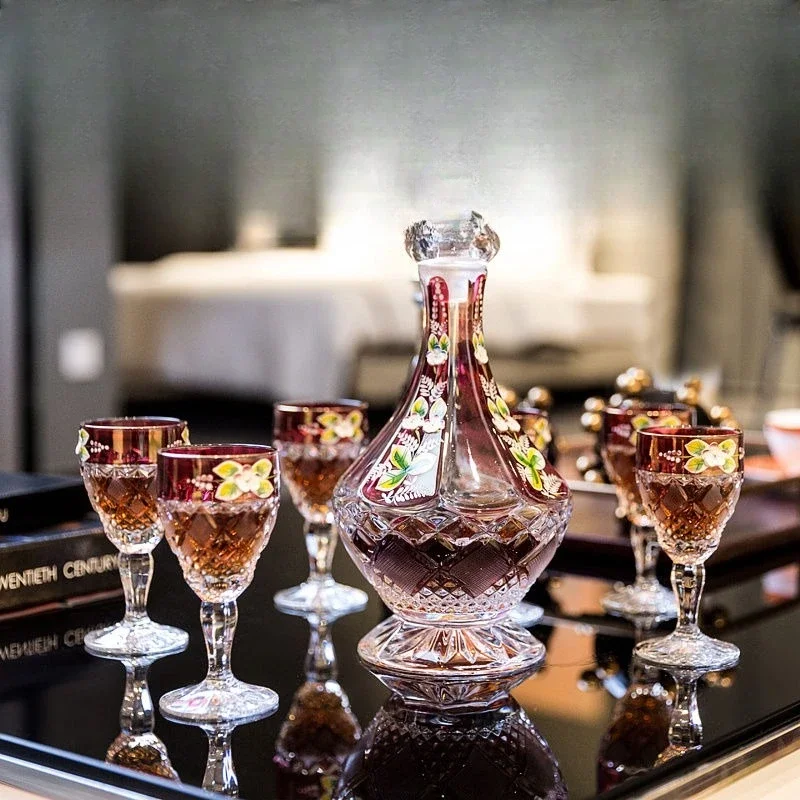 Crystal red wine glass, tall wine glass, festive red, enamel flower wine set 7-piece set
