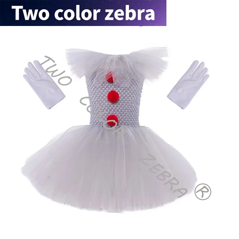 

2-12 Years Girls Halloween Costume Fancy Gray Tutu Dress Creepy Clown Kids Carnival Party Cosplay Clothing Children Tulle Dress