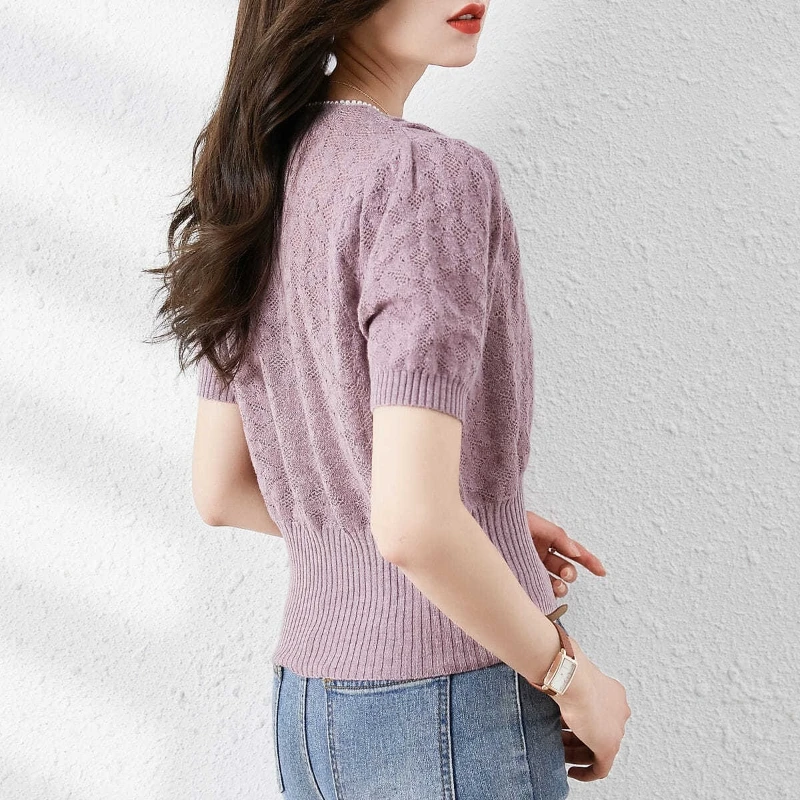 2024 New Summer Korean Fashion Elegance Minimalist Slim Fit Knitted Short Sleeved Solid V-neck Button Zipper Women\'s T-shirt Top