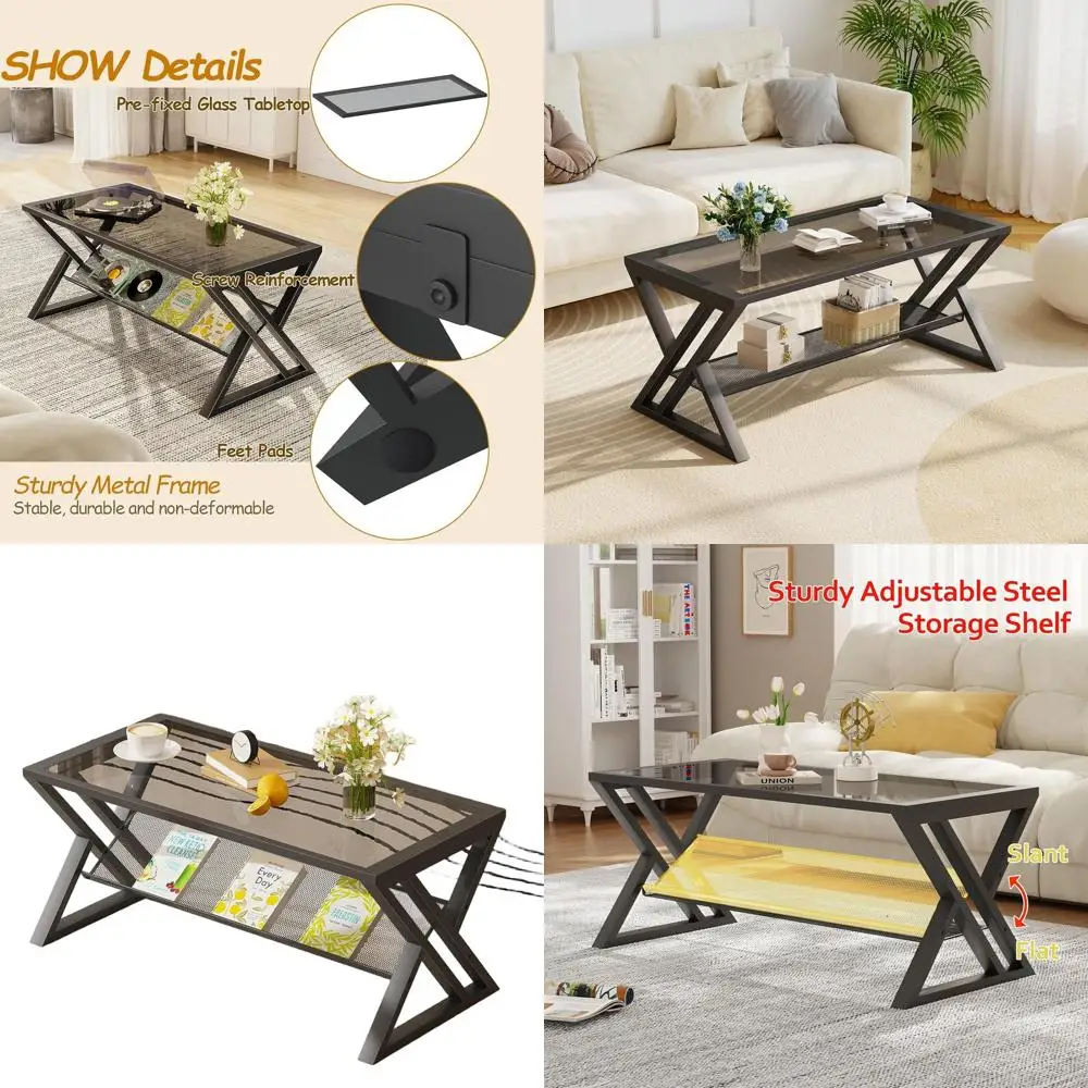 

Modern Rectangular Grey Glass Coffee Table with Storage Shelf and Sturdy Black Metal Frame for Living Room, Bedroom, or Home Off