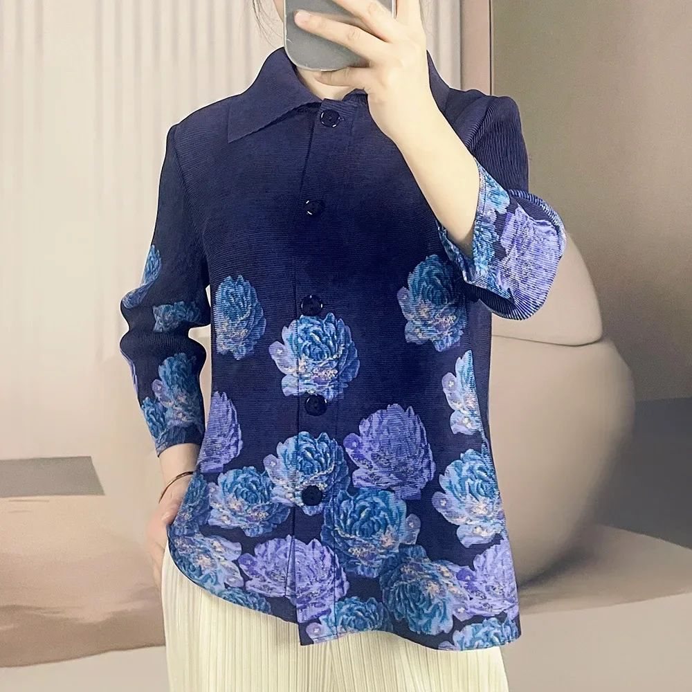 

Miyake Pleated Top for Women 2025 Spring Outfit New Fashionable Style Loose Large Size Printed Long-sleeved T-shirt