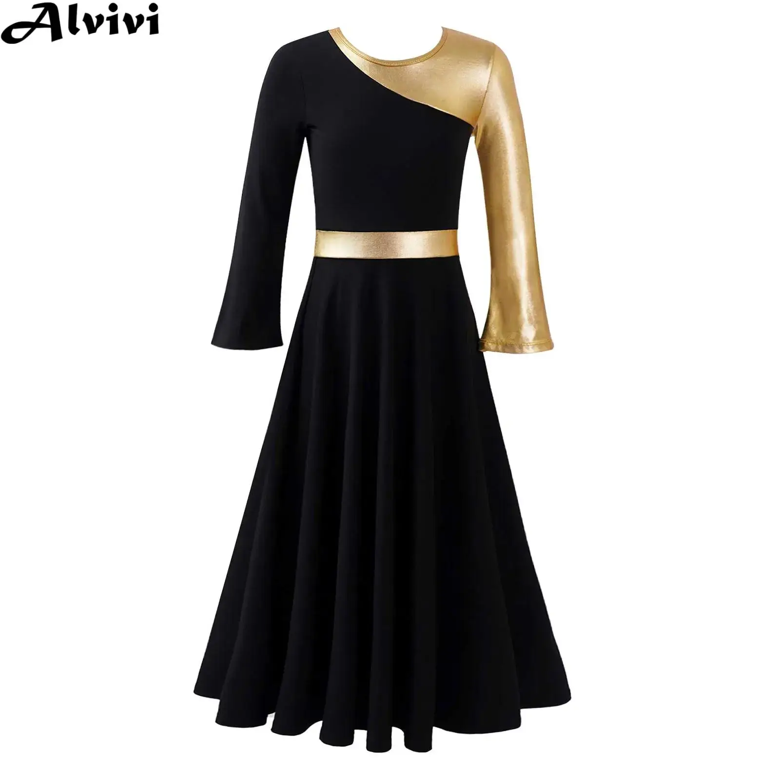 Kids Girls Ballroom Lyrical Dance Dress Church Choir Worship Stage Performance Costume Long Sleeve Loose Maxi Gown Dancewear