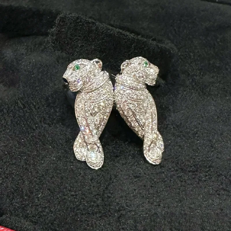 S925 sterling silver set with stylish full of diamond leopard earrings