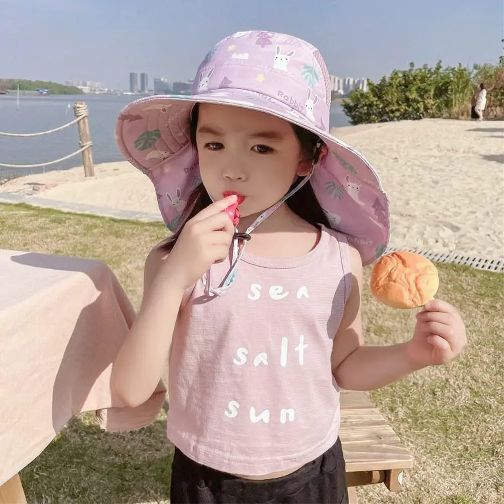 Summer Baby Sun Hat Bucket Cap With Whistle For Girls Boys Outdoor Neck Ear Cover Anti UV Kids Beach Caps