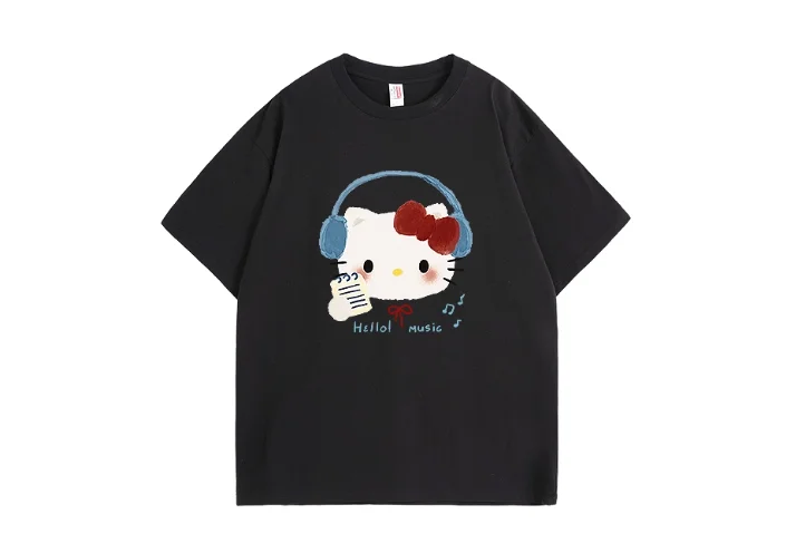 مينيسو سانريو جديد الكرتون الاستماع إلى الموسيقى مرحبا كيتي طباعة قصيرة الأكمام تي شيرت النساء الرجال زوجين تيز الملابس الأكثر مبيعا #1