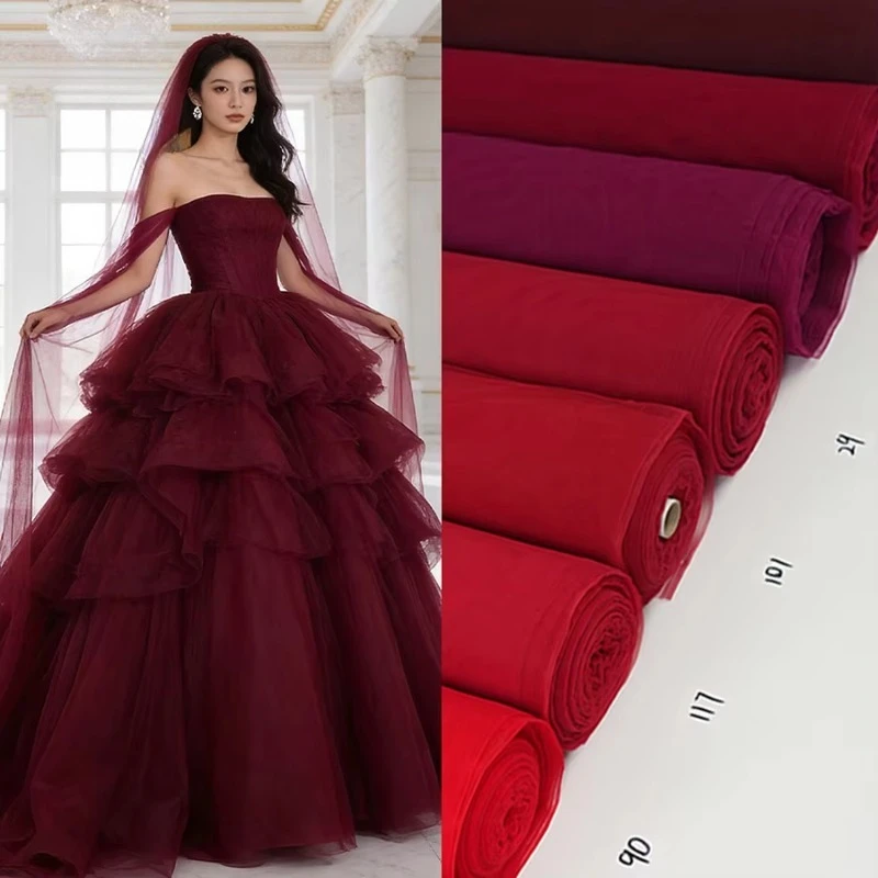 Mistlace Red Nylon Rachel Tulle Net Sheer Soft Illusion Knitted Tricot Mesh Fabric for Bridal Veil Wedding Dress Tutu Skirt ML54