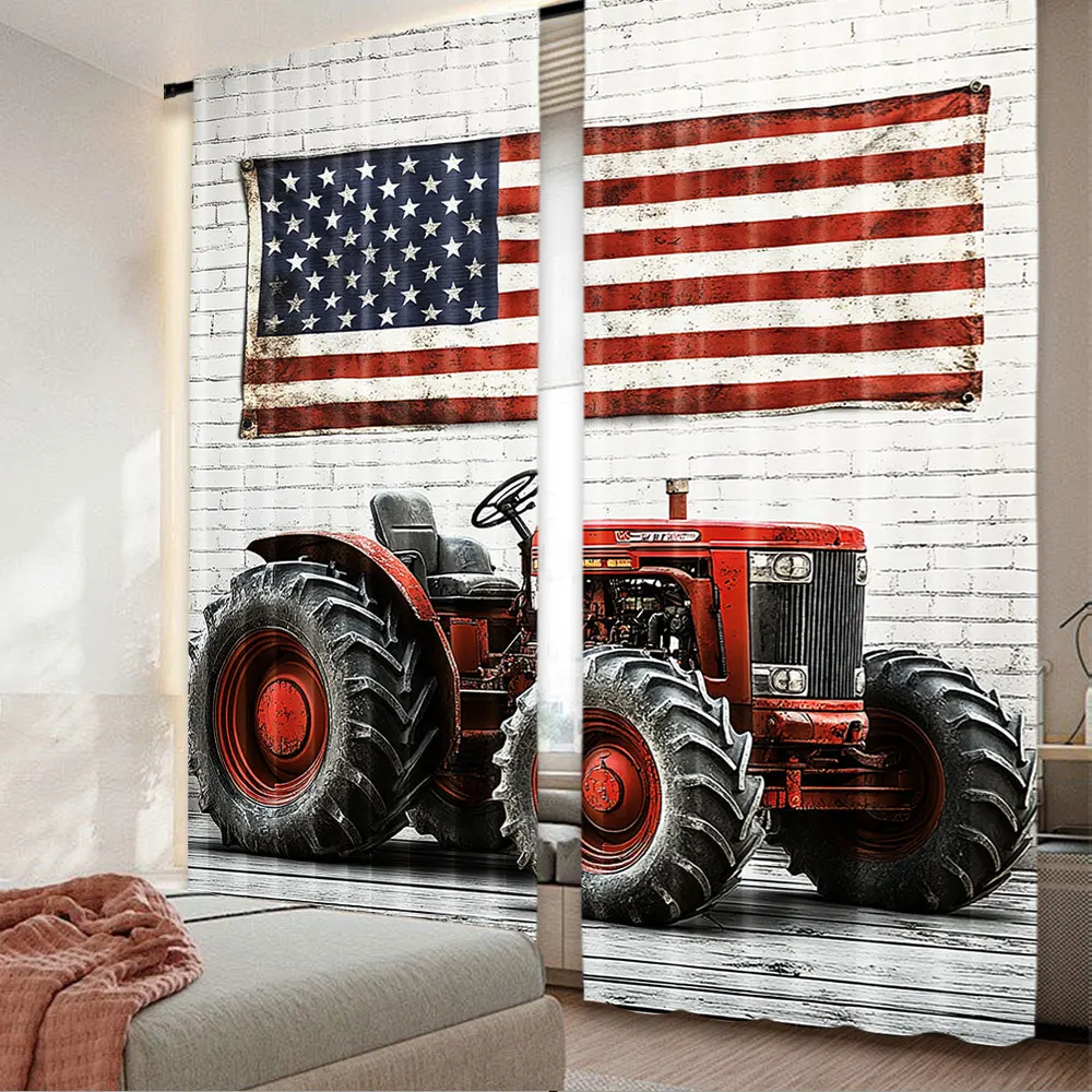 

2Pcs Farm Truck Curtain Rustic Farmhouse Vintage Red Old Tractor Nature Scenery Suitable For Bedroom Living Room Dining Room And