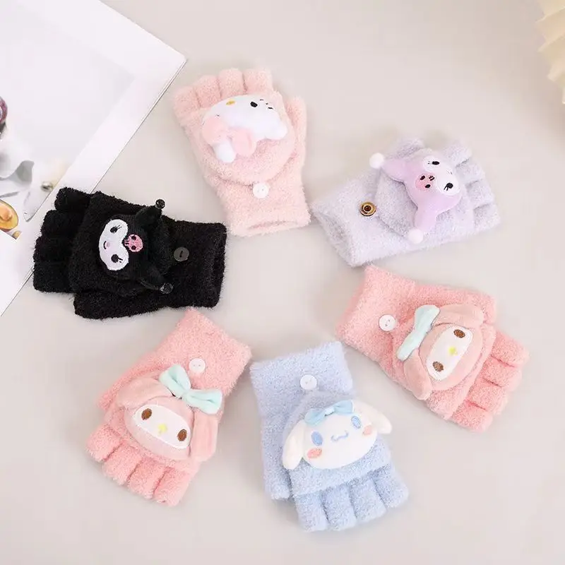 Kawaii Sanrio Hello Kitty Anime Cotton Gloves Warm Cinnamoroll Cute Finger Soft Protection Kuromi Gift Toys for Girls