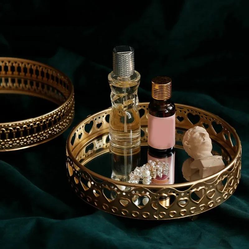 Golden Color Delicate Jewelry Storage Tray Glass Mirror Base Bedroom Desktop Perfume Box Cosmetic Decorative 1Pc