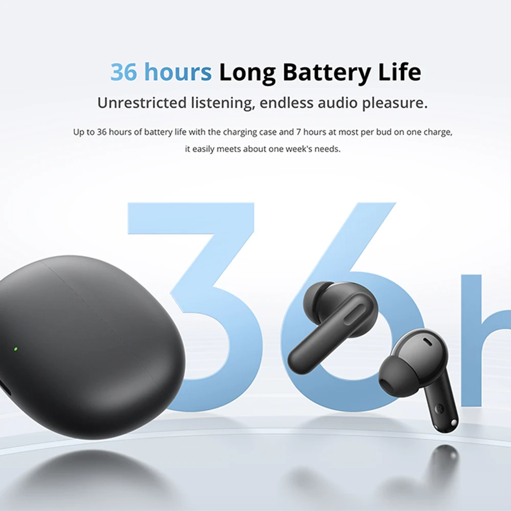 Versión global realme TechLife Buds Auriculares inalámbricos Controlador dinámico de graves de 12,4 mm Hasta 36 horas de autonomía Conexión con dos dispositivos 2.0 6