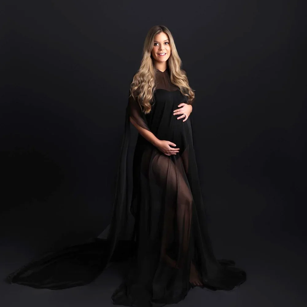 Maternity Photoshoot Translucent Black Dress Chiffon Cloak Pregnancy Photography Props Dresses Simple Cape For Pregnant Women view 4