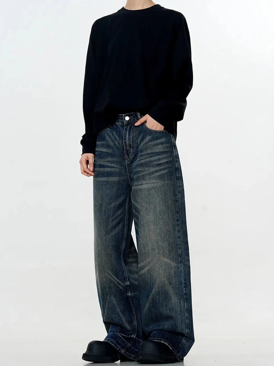 미국 빈티지 루즈 스트레이트 레그 남성용 청바지 워싱 디스트레스드 캐주얼 내구성 중간 높이 허리 긴 바지