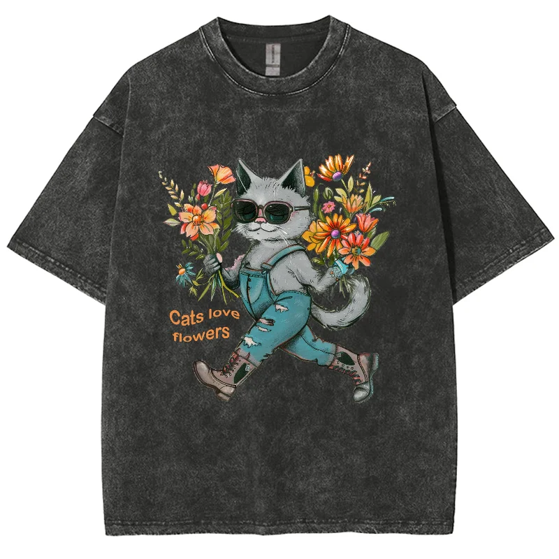 Cute Blue Cat Anthropomorphic Print Women's T-Shirt Loose Wash Oversized Short Sleeve Fashion Design Casual Funny Style Top 2024