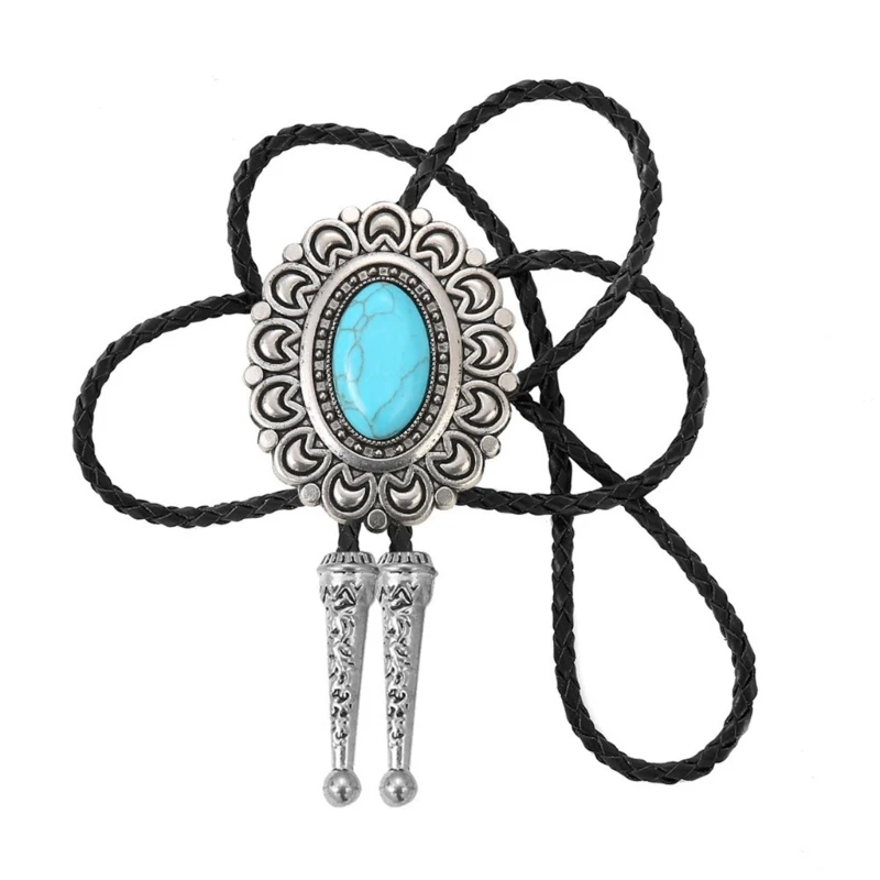 Moon Edge Stone Pendant Western Bolo Tie Artificial Leather Rope Necktie Necklace Shirt Collar Chain Jewelry Neckwear