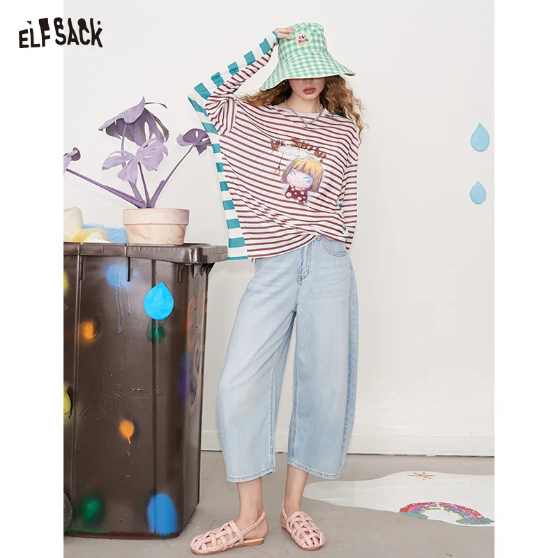 ELFSACK 2025 Summer New Arrival Casual Clash Of Colours Striped Printed Long-Sleeved T-Shirt For Woman