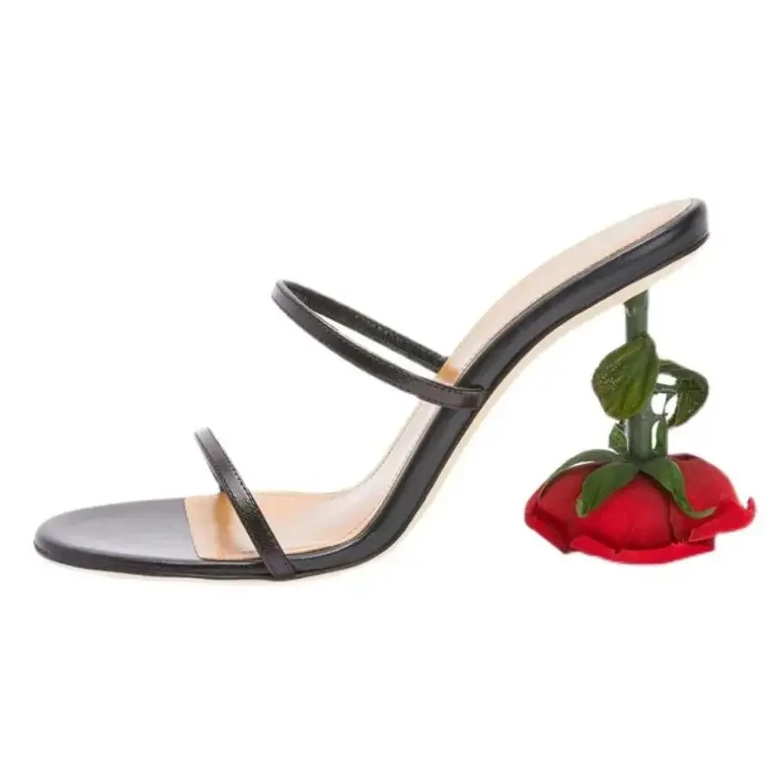 New Summer Dress Slippers Flowers Open Toe Women Slippers Rose High Heels Black Women Sandals sandalen damen luxury sapato