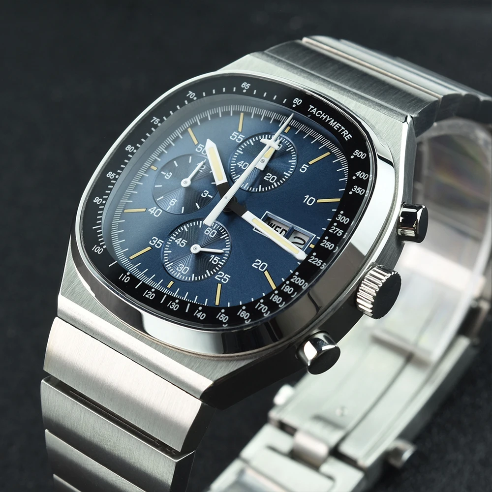 Hruodland Retro Quartz Chronograph Men Watches Sapphire Glass Stainless Steel Dress Wristwatch F-022 No Logo Reloj Hombre