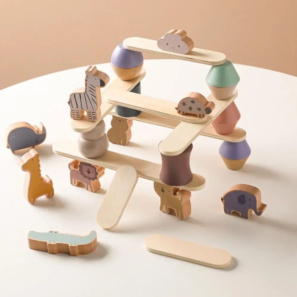 Montessori Wooden Animals Blocks Set Simulation Puzzle Animal Model Balance Interactive Stackable Animal Shape Stacking