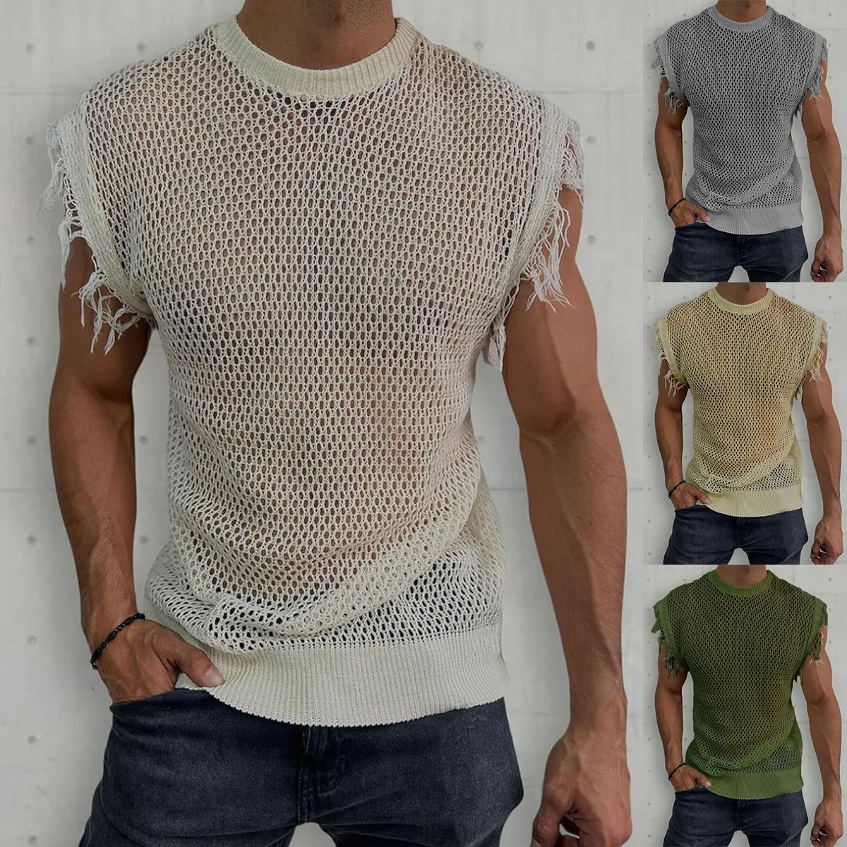 Summer New Knitted Vest, Round Neck Sleeveless Hollow Sweater Vest Muscle Men's Clothing