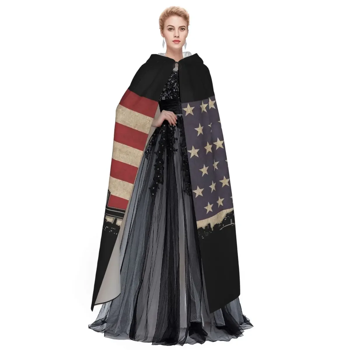 휴스턴 스카이 라인 플래그 긴 후드 망토 마녀 중세 의상 코스프레 케이프 할로윈 뱀파이어 성인 유니섹스