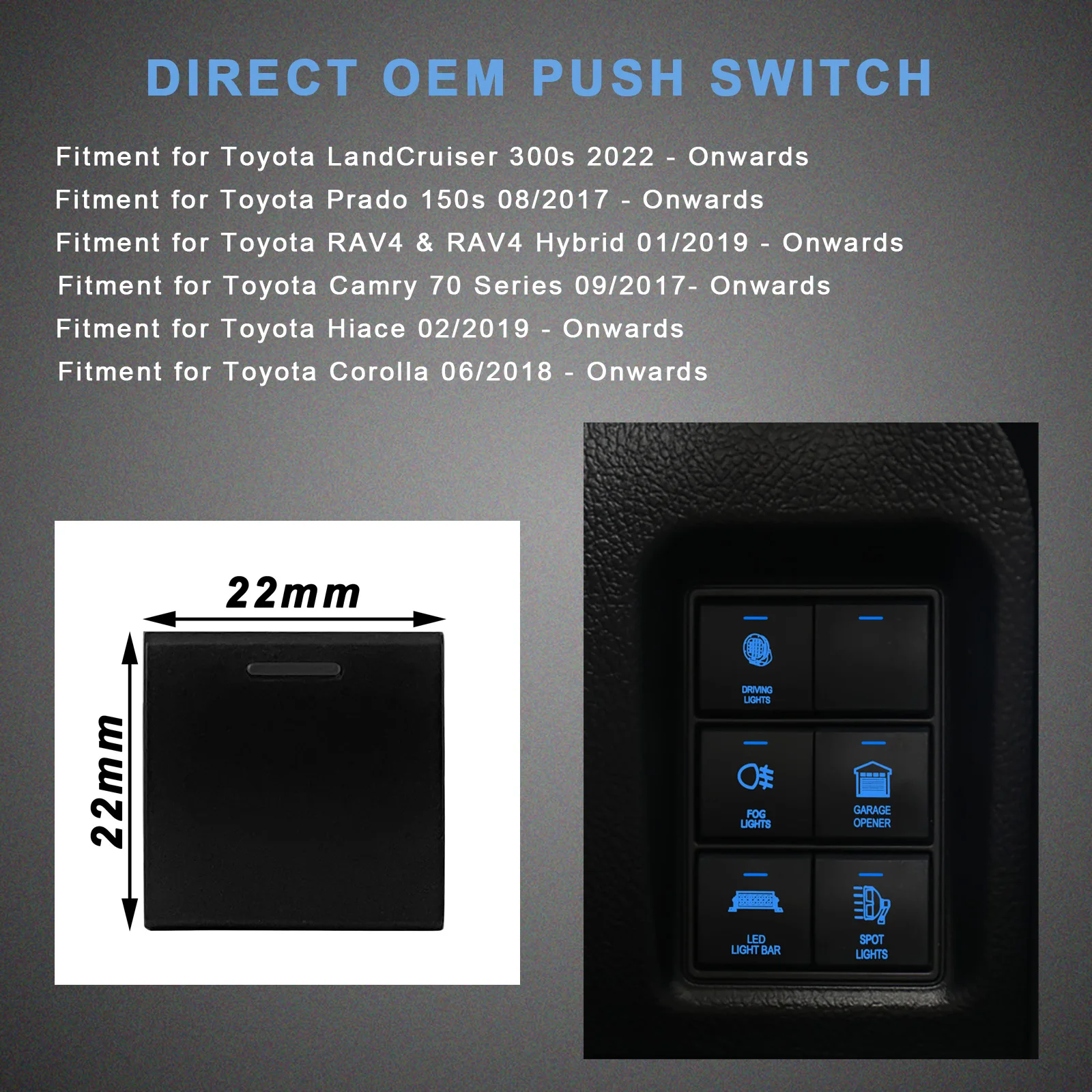 Push Button Switch 12V Blue Led Light 22x22mm Radar Parking USB Charger for Toyota LandCruiser Prado Camry RAV4 Corolla Hiace