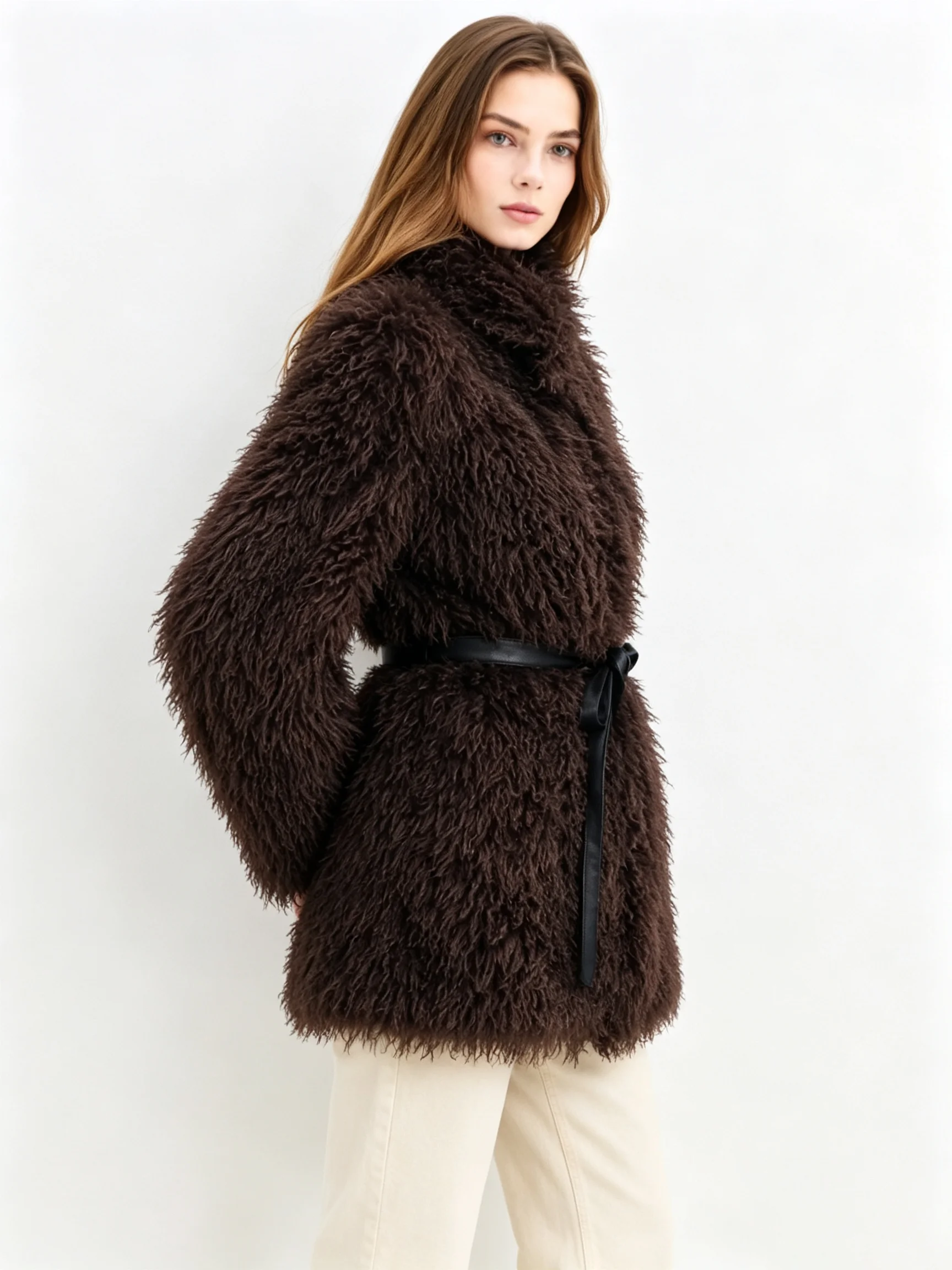 LIMO Women Stand Collar Curly Faux Fur Coat With Waist Belt Loose Long Sleeve Warm Mid Length Winter Jacket