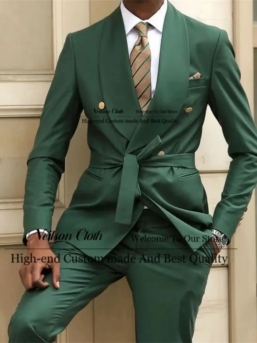

Green Male Prom Blazers Double Breasted Groom Wedding Tuxedos Shawl Lapel Men Suits 2 Pieces Sets With Belt Terno Masculino