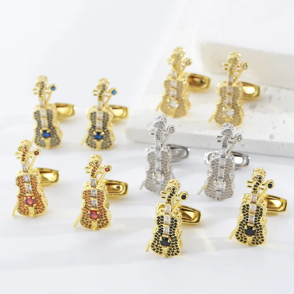 A Pair Violin Shaped Zircon Cufflinks for Men French Style Shirts Sleeve Studs Music Style Suits Cufflinks Accessories