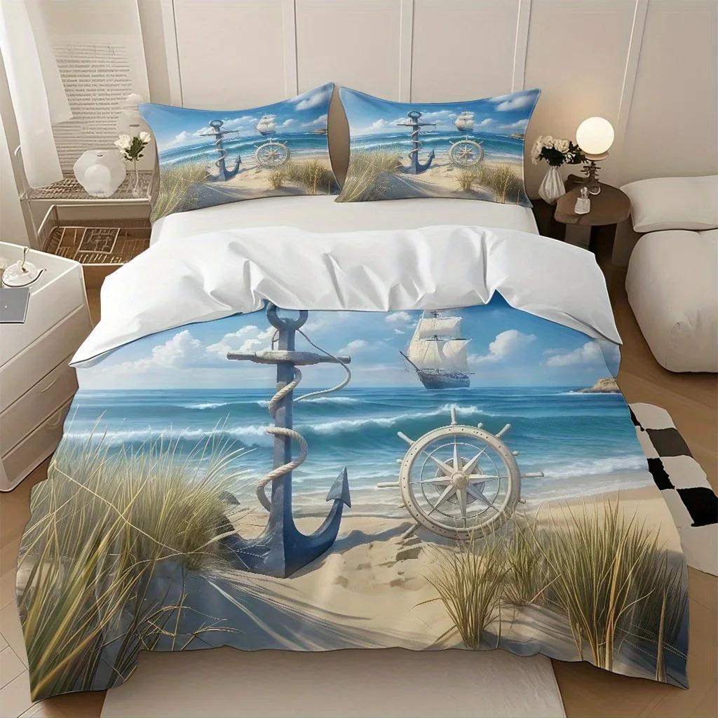 Nautical Ocean Beach Duvet Cover Set 3Pcs Anchor Ship Wheel Sailboat Printed Bedding Set Coastal Bedroom Decor Pillowcases