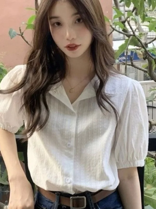 French Style Lace Trim Short Sleeve  Collar Open Cardigan Shirt for Women Sweet Casual Summer Top Small Size Friendly